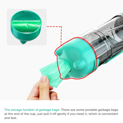 Portable 3-in-1 Dog Water Bottle and Feeder- Garbage Bag Storage