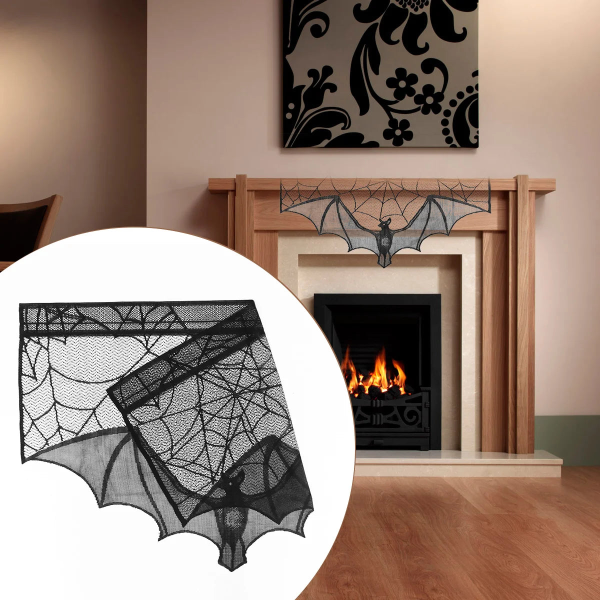 Halloween Fireplace Bat Spider Web Lace Mantle Scarf