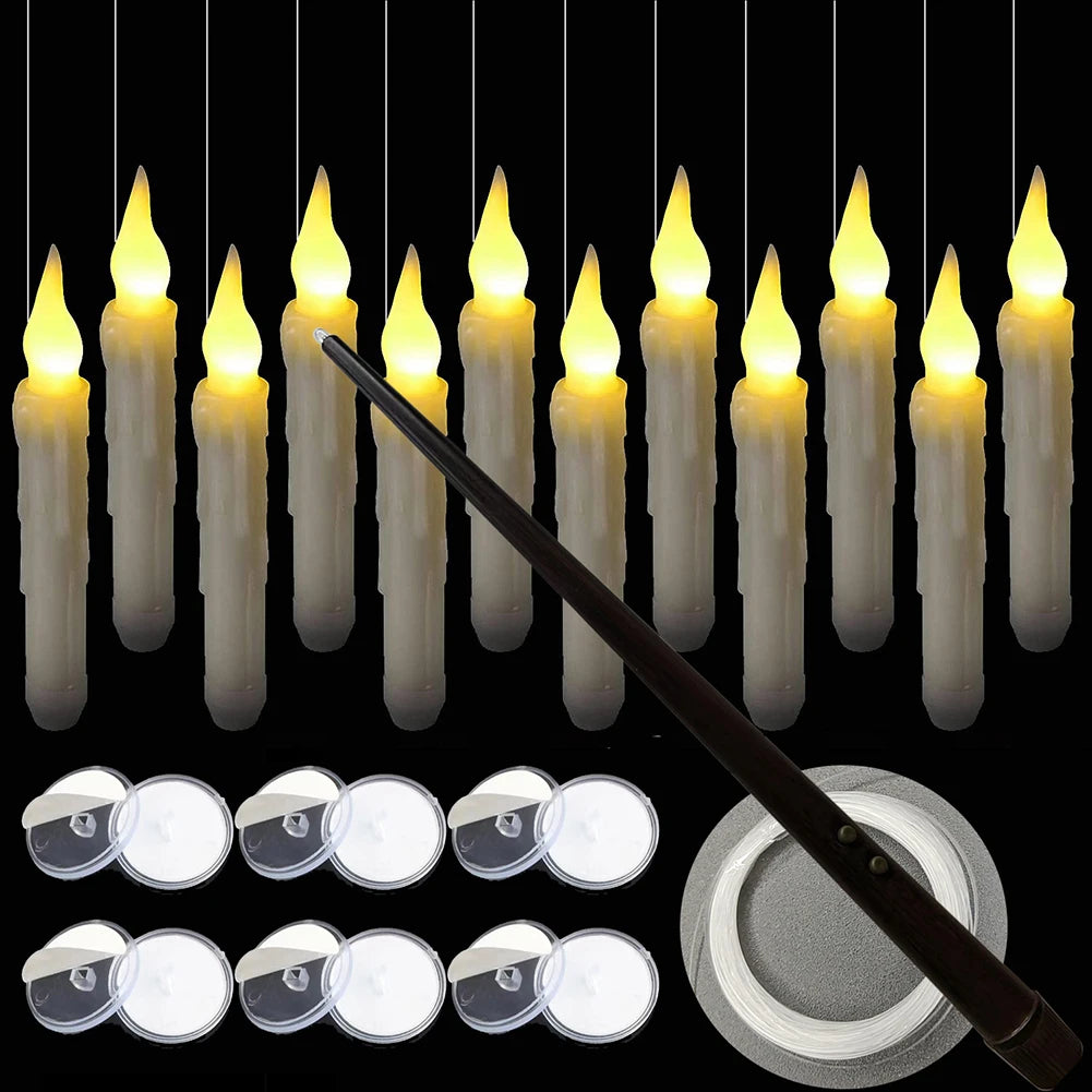 12 Pc LED Floating Candles With Wand Remote Magic Hanging Candles