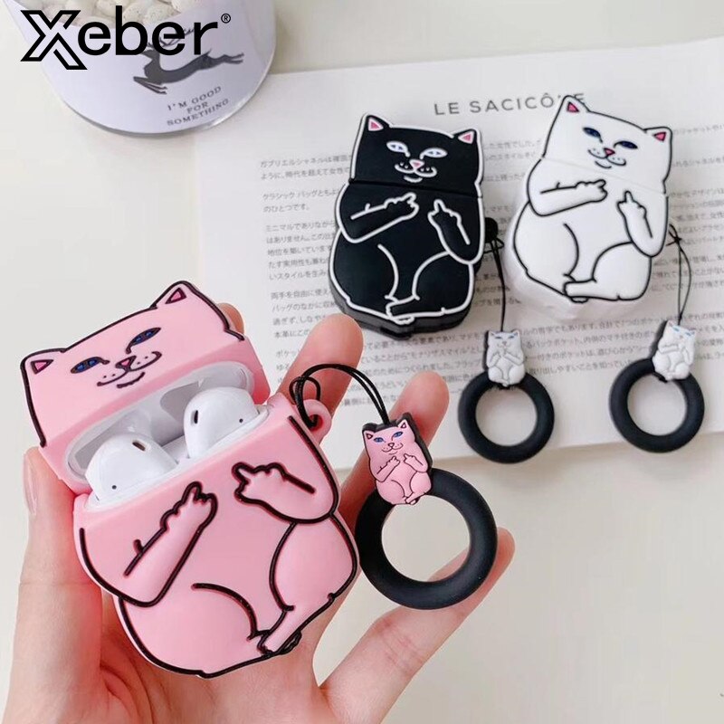 Cartoon Cat AirPods Case Black, White, Pink